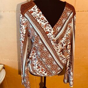 Venus Brown & White Wrap  Blouse with Long Sleeves